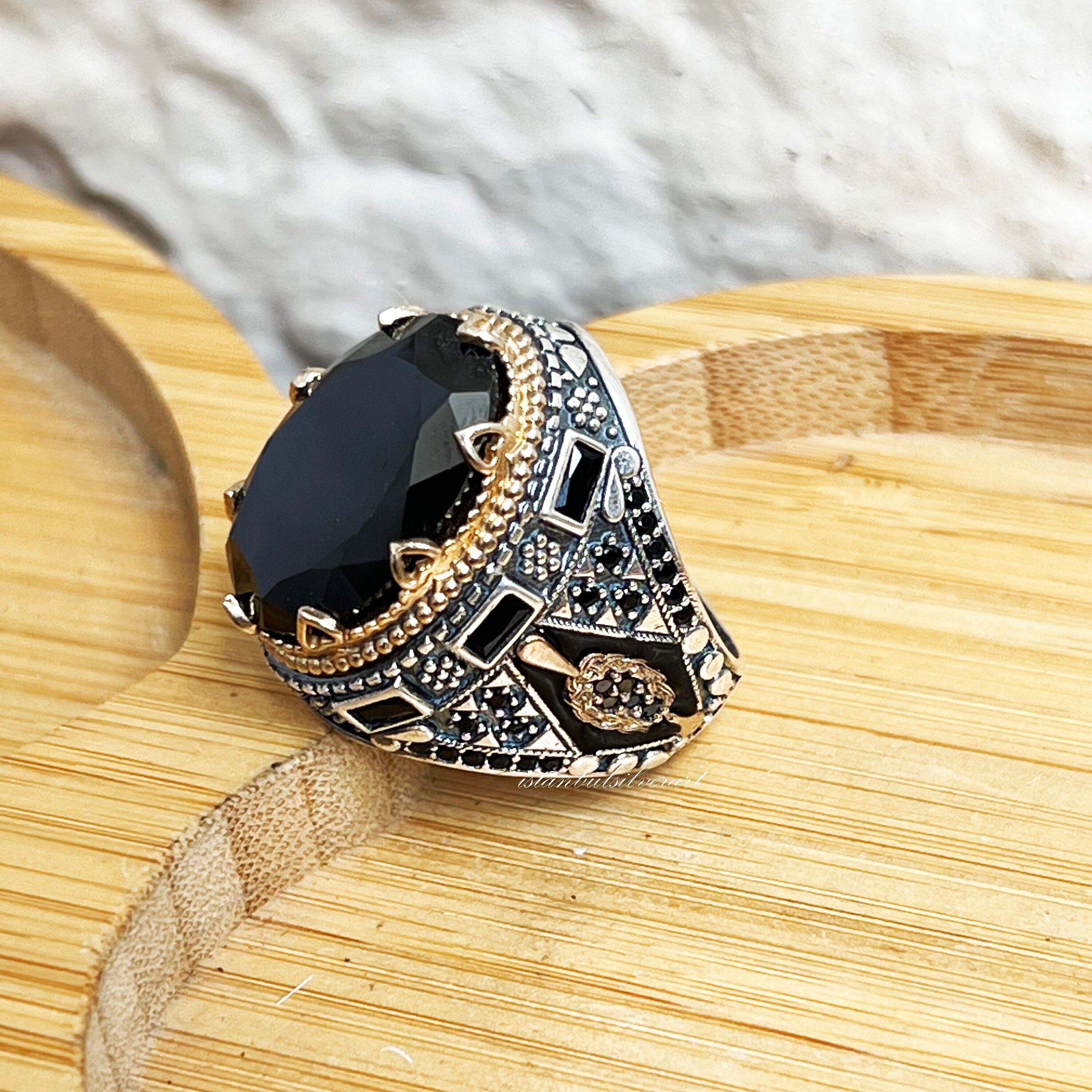 Handmade Ottoman Onyx Ring: 925 Sterling Silver, Bronze Mens Ring
