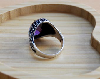 ハンドメイド925Kスターリングシルバーメンズリング：アメジスト