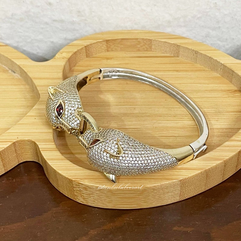 Cat Women Vintage Silver Bangle Bracelet Silver 925K Glittering Stone Turkish Handmade 925 Silver Bracelet Ottoman Ladies Bracelet