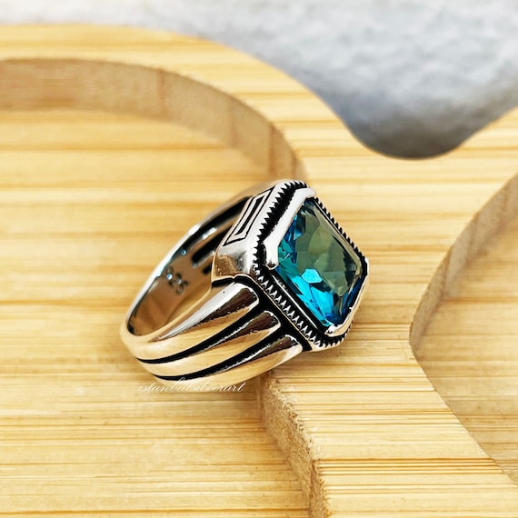 Bague Ancienne En Argent 925 - Pierre Bleue (Aigue-Marine/Topaze) - Taille 58 - 2 Poinçons
