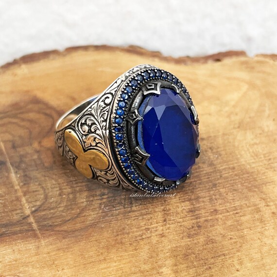 Chevalière Homme Sertie Saphir Bleu - Argent Massif 925 - Fait Main Haute Joaillerie Ottomane - Neuf