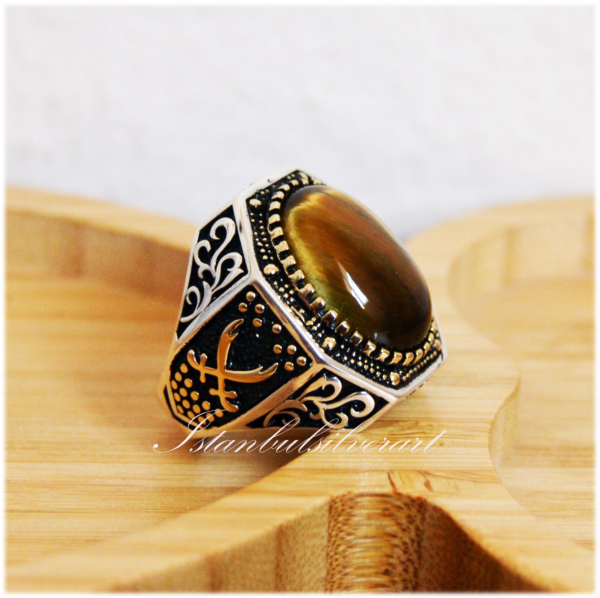 Men's Sterling Silver Tiger Eye Ring | Natural Stone Geometric Engraved Retro Ring By Fantasy World