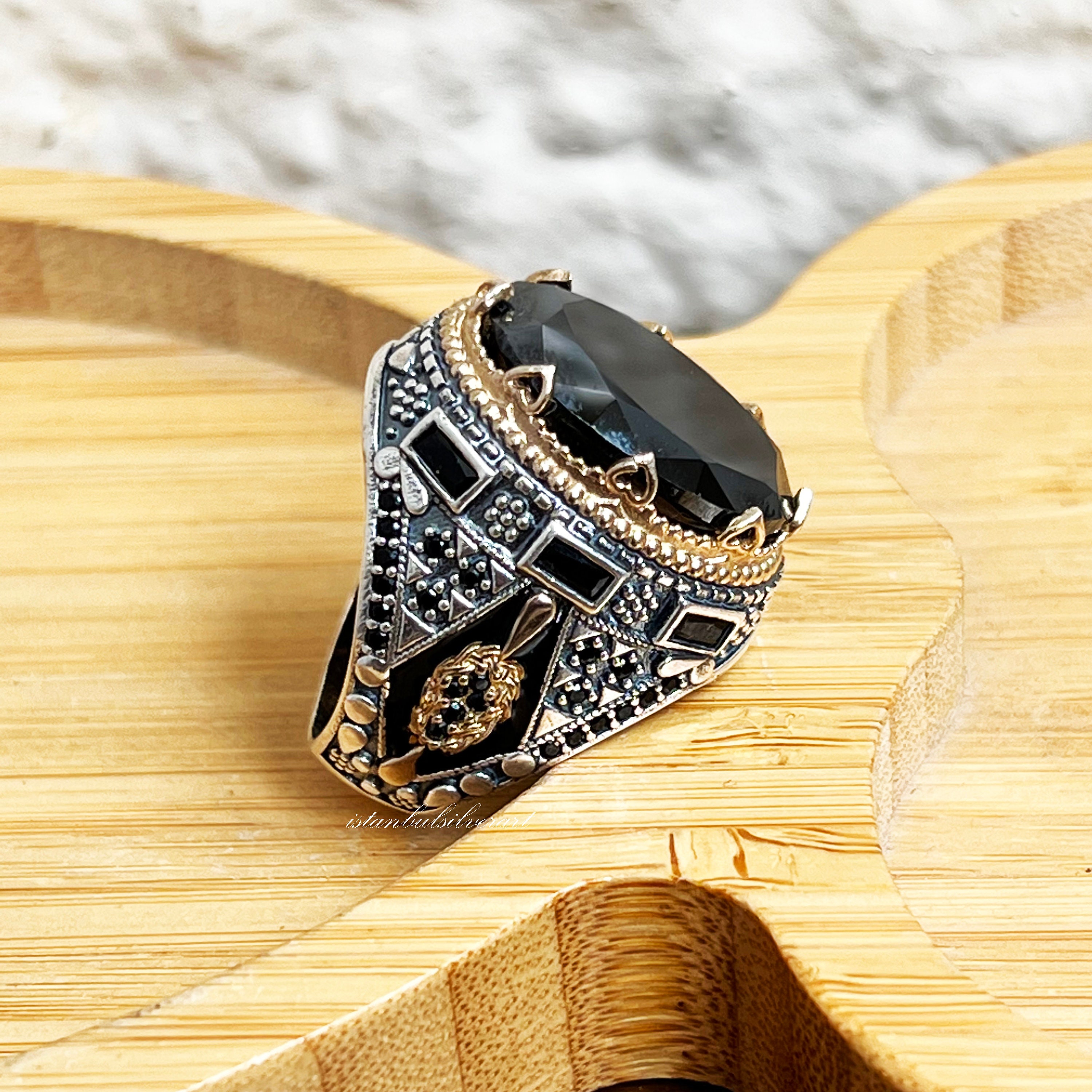 Handmade Ottoman Onyx Ring: 925 Sterling Silver, Bronze Mens Ring