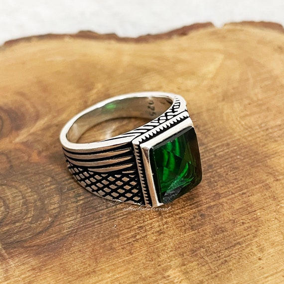Handmade 925 Sterling Silver Men's Ring: Ottoman Emerald Cubic
