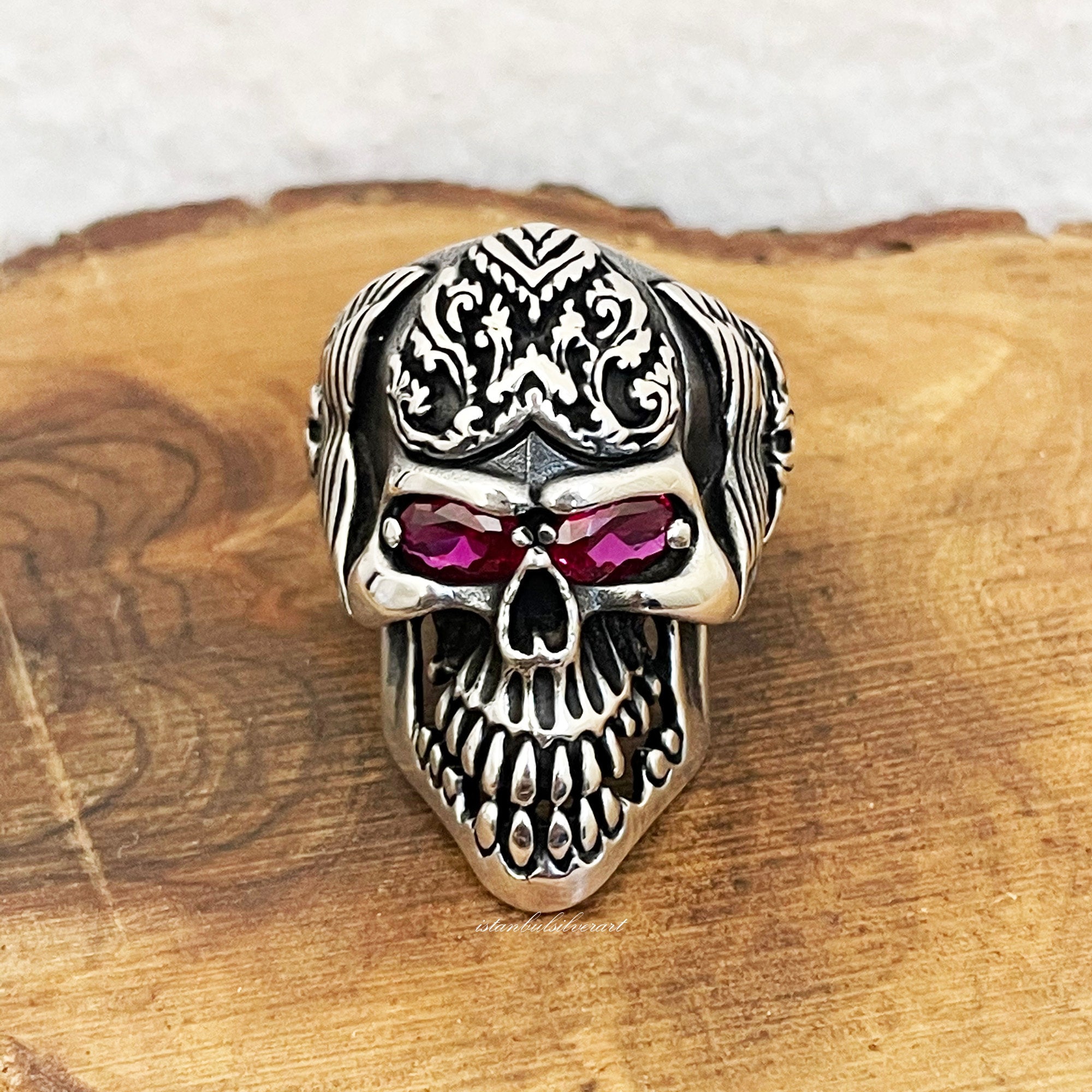 Turkish Handmade Skull Ring, Biker Ring, Jewelry Ruby Cz