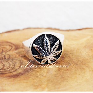 Anillo de hoja de marihuana hecho a mano en plata de ley 925, anillo otomano para hombre. imagen 5