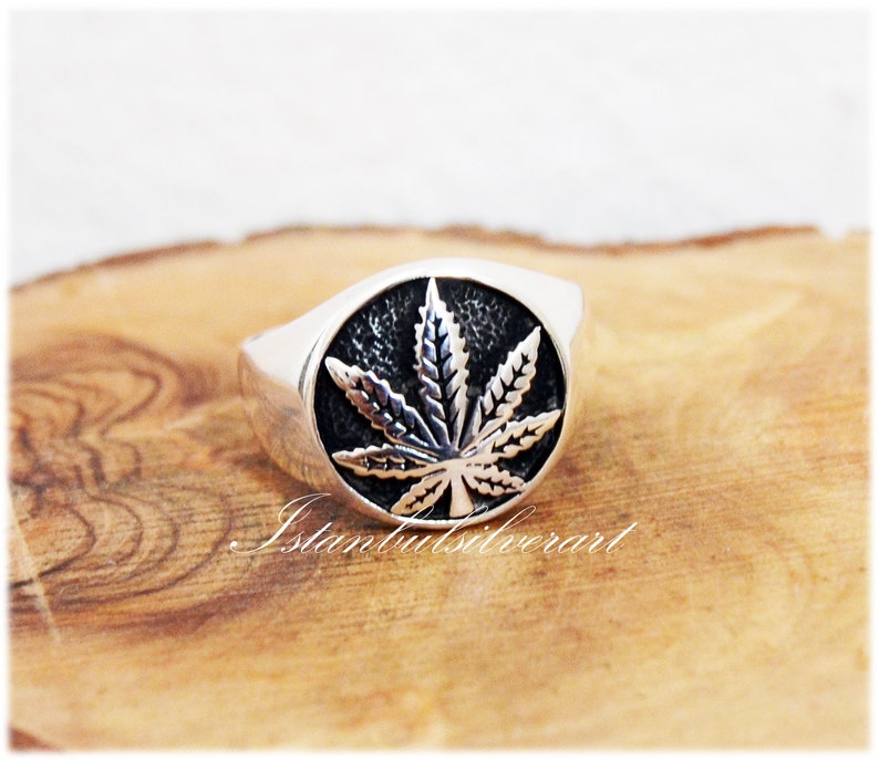 Anillo de hoja de marihuana hecho a mano en plata de ley 925, anillo otomano para hombre. imagen 5