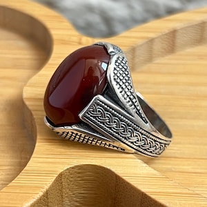 Handmade 925 Sterling Silver Men's Ring: Red Agate Ottoman Design