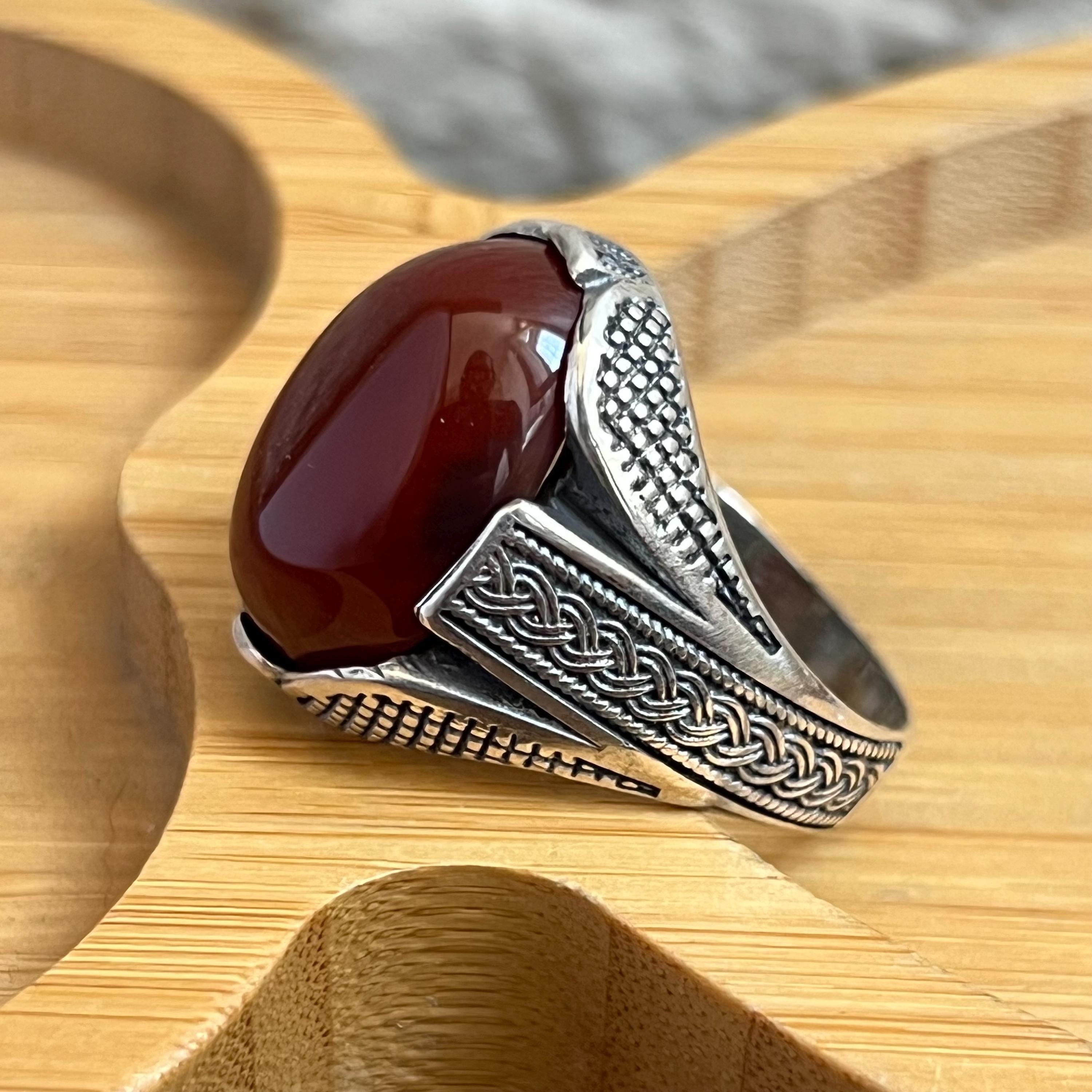 Handmade 925 Sterling Silver Men's Ring: Red Agate Ottoman Design