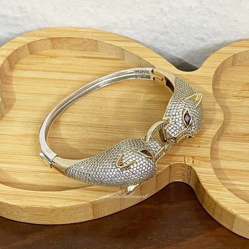Cat Women Vintage Silver Bangle Bracelet Silver 925K Glittering Stone Turkish Handmade 925 Silver Bracelet Ottoman Ladies Bracelet