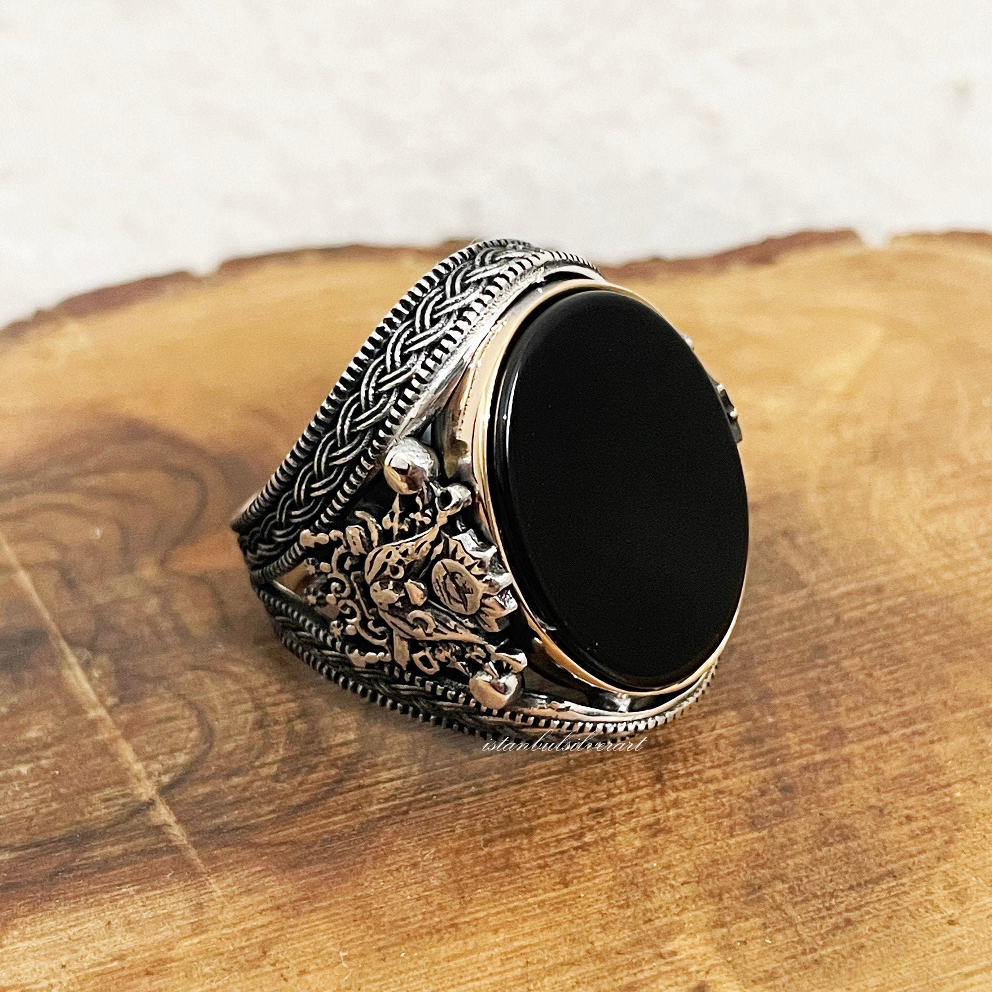KAR Sterling Silver Black Onyx Men's Ring – Handmade, 925K Stamped, Adjustable Sizing