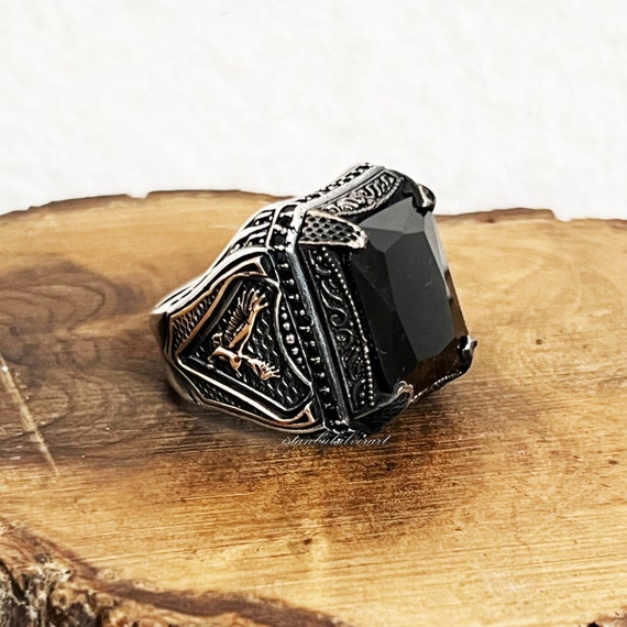 Solid 925 Sterling Silver Turkish Handmade Jewelry Black Onyx Men's Ring with Modern selling Motif Men Handmade Ring, Wedding Ring, Gift For Her