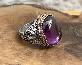 Handmade Ottoman Amethyst Ring: 925 Sterling Silver, Bronze Mens Ring