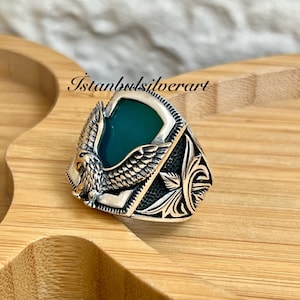 Mens Handmade Ring, Turkish Handmade Silver Men Ring, Animal Ring, Green Agate Ring, Eagle Ring, Gift for Him, 925k Sterling Silver Ring