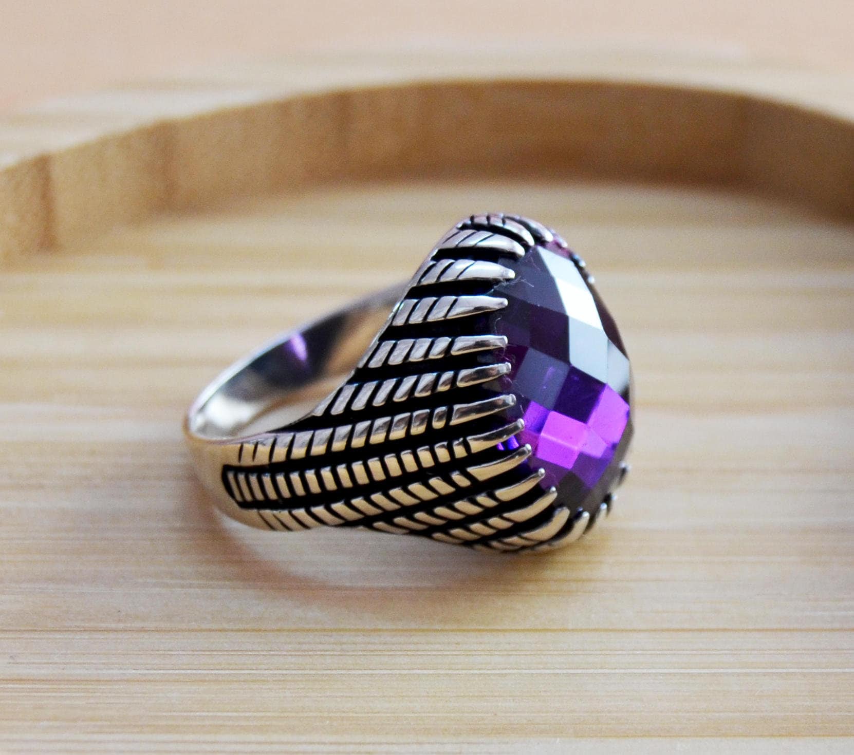 ハンドメイド925Kスターリングシルバーメンズリング：アメジスト
