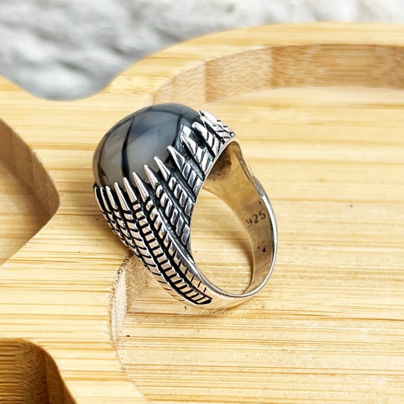Handmade 925K Sterling Silver Mens Ring: Spider Agate Ottoman