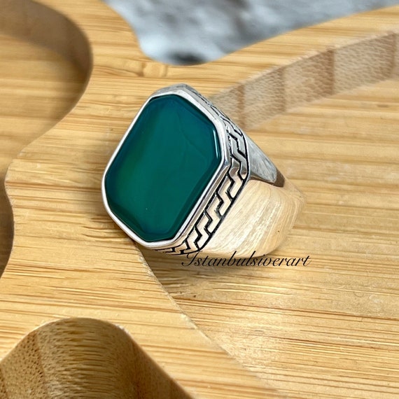 Handmade 925 Sterling Silver Men's Ring: Green Agate Ottoman Style