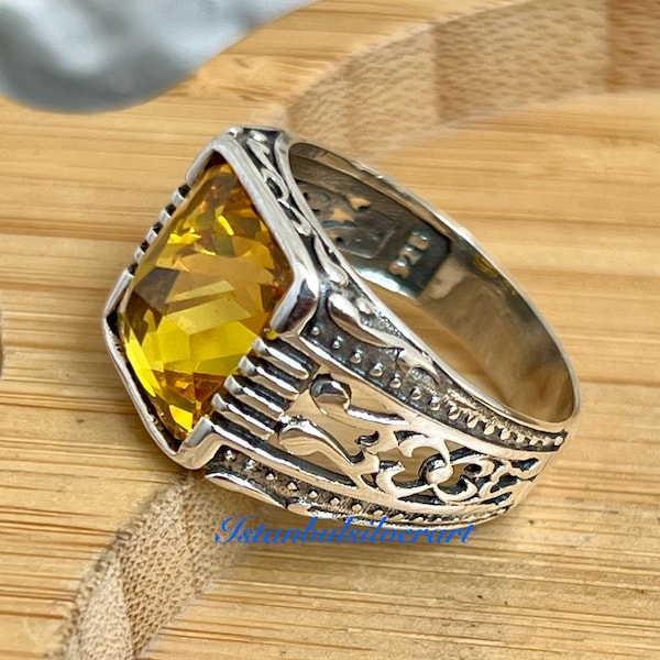 Handmade Ottoman Men's Ring: Citrine 925 Sterling Silver
