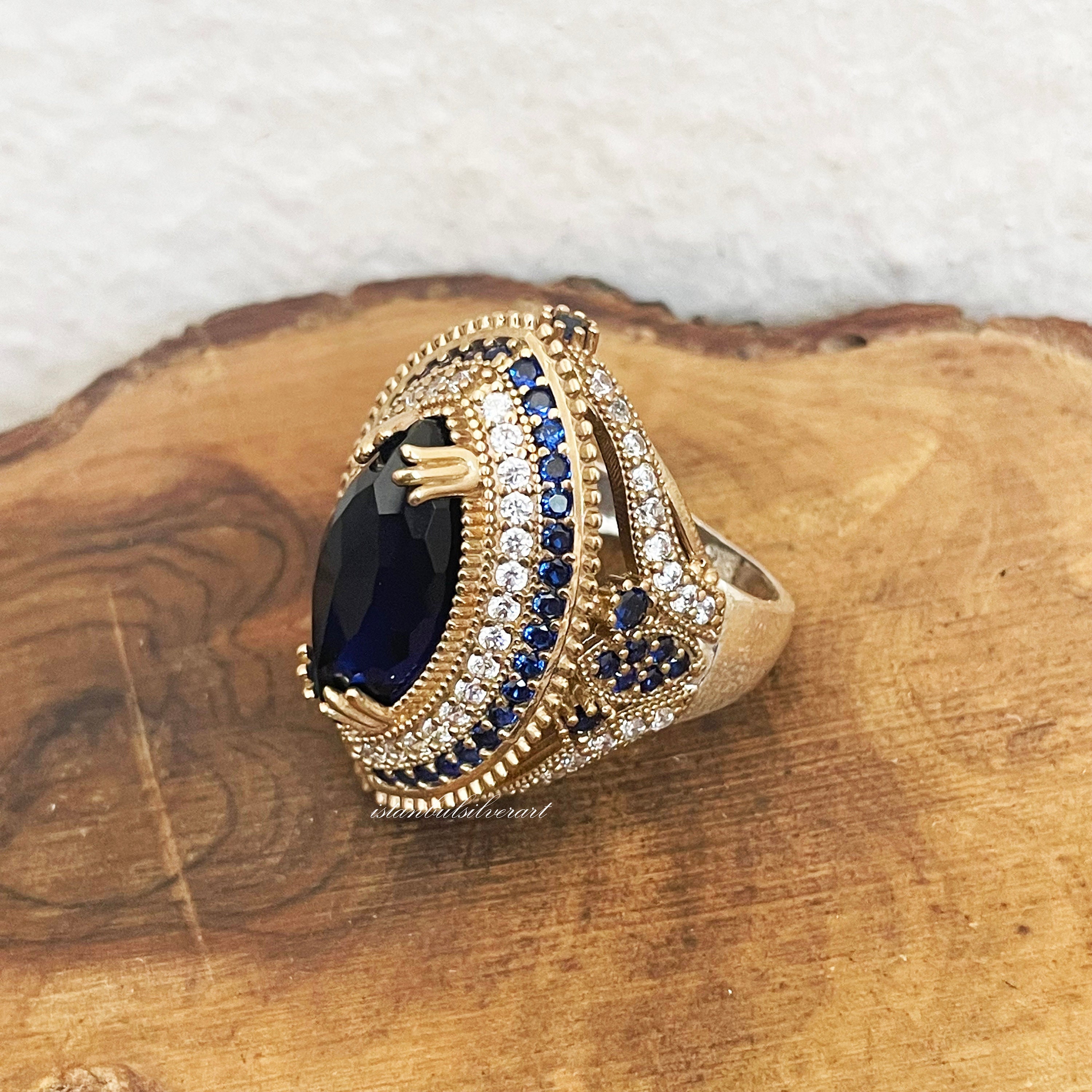 Handmade Ring Women, Turkish Handmade Silver Ladies Ring, Ottoman Ring, Sapphire Topaz Ring, Cz Stone, 925k Sterling Silver Ring