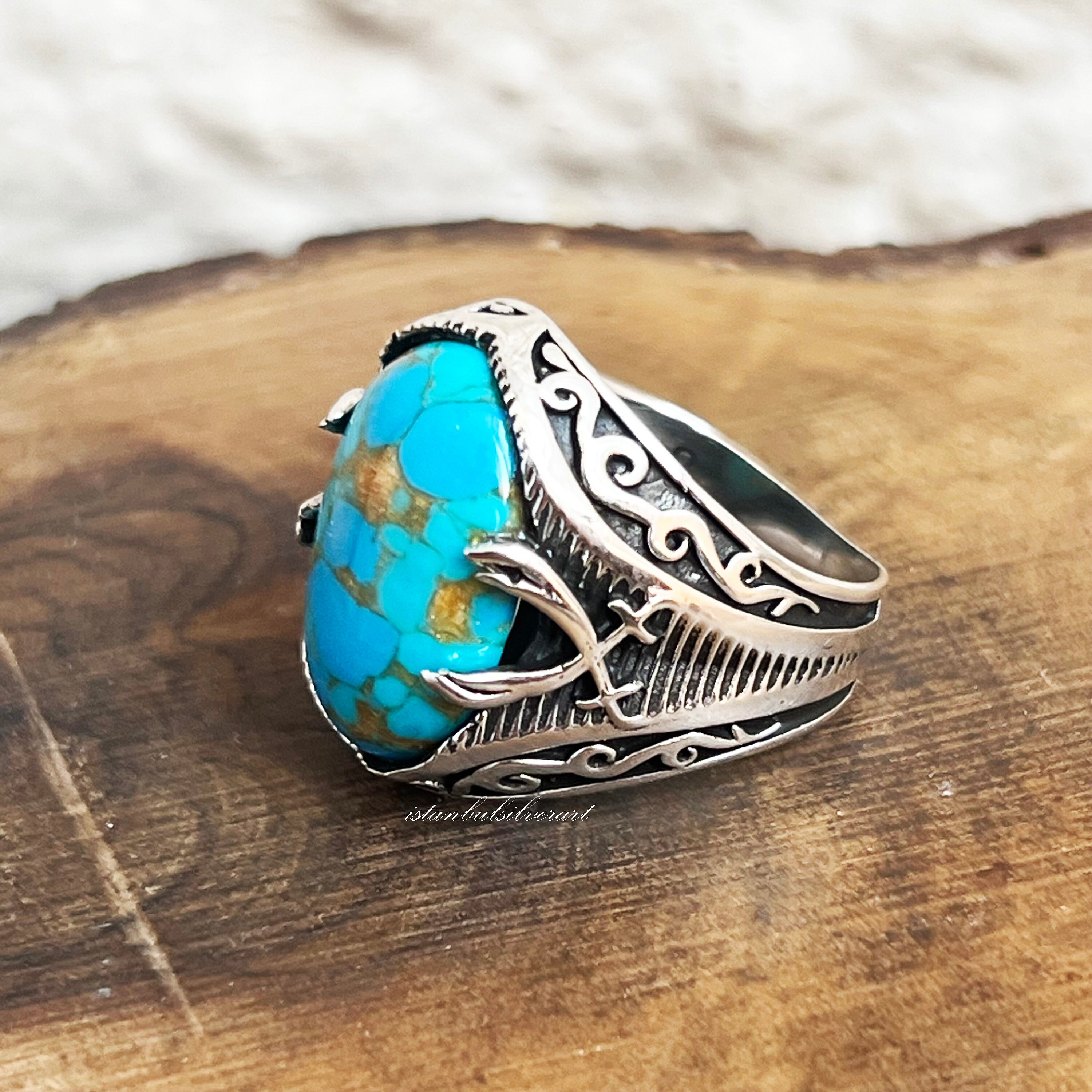 Handmade Turquoise Stone Ring: Ottoman 925 Sterling Silver Mens