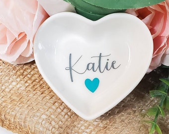 Personalized Heart Ring Dish - Ceramic Trinket Holder, Bridesmaid Gift