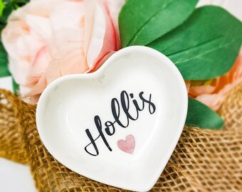 Personalized Heart Ring Dish - Ceramic Trinket Holder, Bridesmaid Gift