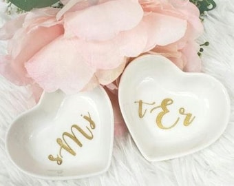Monogram Heart Ring Dish, Bridesmaid Gift, Ceramic Trinket Holder