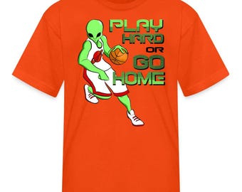 Alien Playing Basketball Game Space Traveling Hoops Kid’s T-Shirt