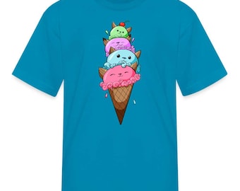May include: A turquoise blue t-shirt with a cartoon image of a cone of ice cream with three scoops. Each scoop is a different color and has a cartoon cat face. The ice cream is melting and dripping down the cone.