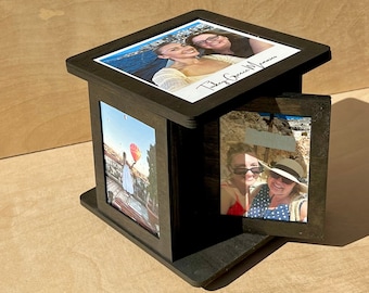 Caja de fotos giratoria, marco de fotos de recuerdo, marco de fotos familiar, cubo de fotos de madera, regalo de fotos personalizado, regalo de 5.º aniversario, soporte para fotos.