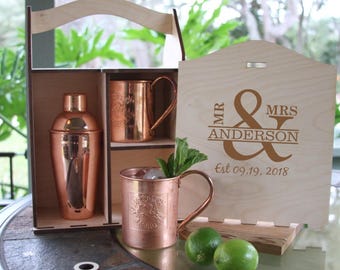 Personalized Moscow Mule mugs and Shaker Box Engraved Moscow Mule Mugs Moscow Mule Cocktail Shaker  Personalized Gift Box,Solid Copper Mugs