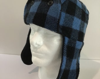 Trapper Hat, Buffalo Check Blue, Medium, Recycled Wool Trapper Style Hat, Warm, Ready To Ship, Free Shipping