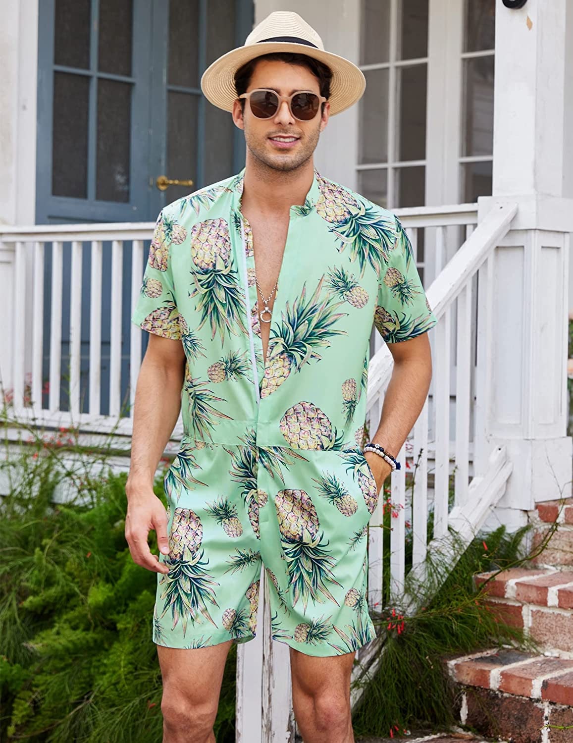 olie vinden er stærk kolbøtte Men Romper Casual Zipper Short Sleeve Jumpsuit Hawaiian - Etsy