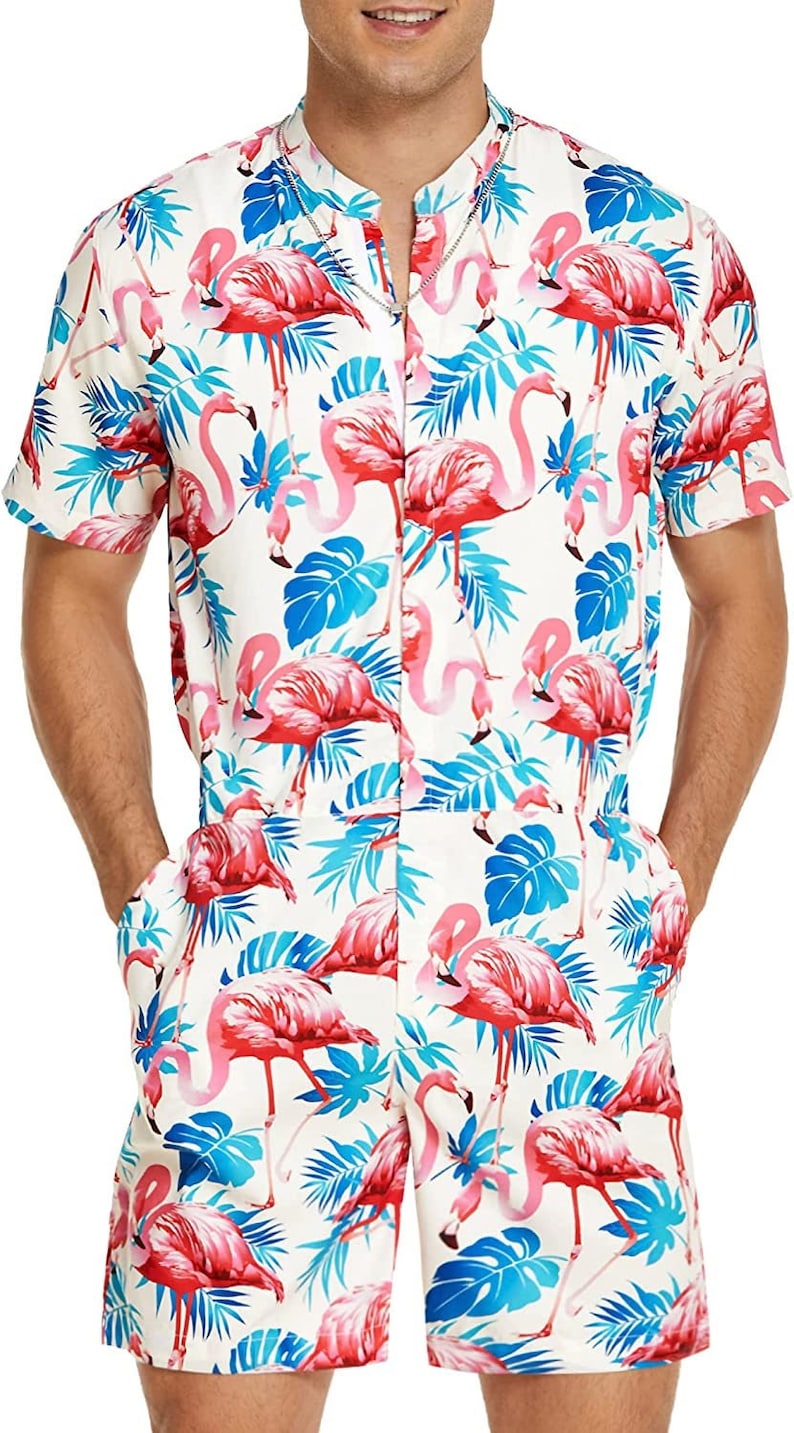 Men Romper Casual Zipper Short Sleeve Jumpsuit Hawaiian - Etsy
