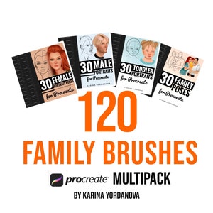 May include: A set of 120 Procreate brushes for drawing family portraits. The set includes 30 female portrait poses, 30 male portrait poses, 30 toddler portrait poses, and 30 family poses. The brushes are designed by Karina Yordanova.