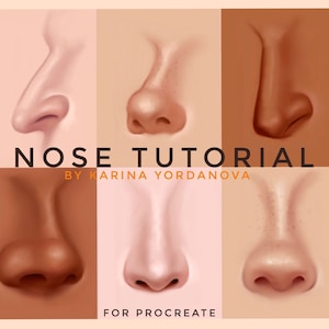 May include: A digital illustration tutorial for Procreate, showing different skin tones and how to draw noses. The tutorial is titled "Nose Tutorial by Karina Yordanova".