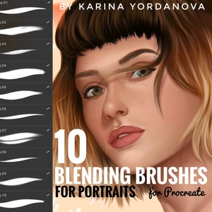 Può includere: Un set di 10 pennelli sfumati per la pittura di ritratti digitali in Procreate. I pennelli sono bianchi e visualizzati su uno sfondo nero. Il testo "BY KARINA YORDANOVA" e "10 BLENDING BRUSHES FOR PORTRAITS for Procreate" è anche visibile.