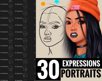May include: A digital illustration of 30 different facial expressions for use in the Procreate app. The illustration features a woman with black hair wearing a bright orange beanie and a black choker. The text "30 EXPRESSIONS PORTRAITS BY KARINA YORDANOVA for Procreate" is displayed below the illustration.