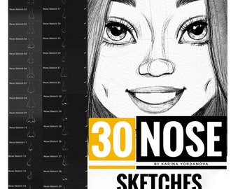 May include: A digital illustration of a woman's face with a focus on the nose. The image includes 30 different nose sketches for Procreate, labelled "30 Nose Sketches for Procreate" and "By Karina Yordanova".