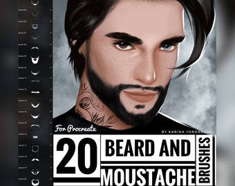 May include: A digital illustration of a man with a beard and moustache. The image is a promotional graphic for 20 beard and moustache brushes for the Procreate app. The text "For Procreate 20 Beard and Moustache Brushes" is displayed on the image.