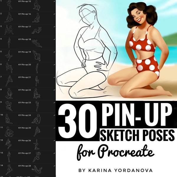 30 Classic Pin Up Poses Stamp Brushes perfect for Beginners (FOR PROCREATE) Easy stamp brush, pencil, procreate brush