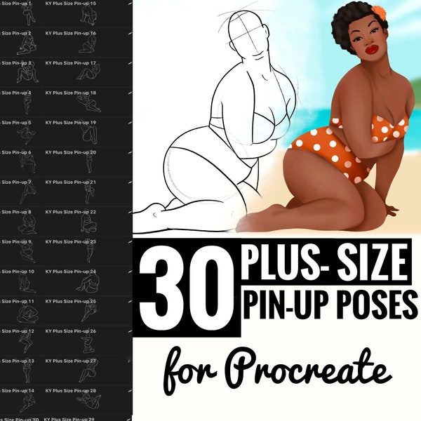 30 Plus-size Classic Pin Up Poses Stamp Brushes perfect for Beginners (FOR PROCREATE) Easy stamp brush, pencil, procreate brush