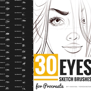 May include: A set of 30 eye sketch brushes for Procreate, designed by Karina Yordanova. The brushes are shown in a black and white design on a black background. The image also shows a close-up of a woman's face with a detailed eye sketch.