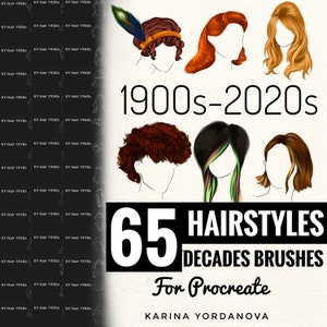Peut inclure: Un ensemble de 65 pinceaux numériques de coiffure pour Procreate, présentant des coiffures des années 1900 aux années 2020. L'image montre six coiffures différentes, chacune représentant une décennie différente.