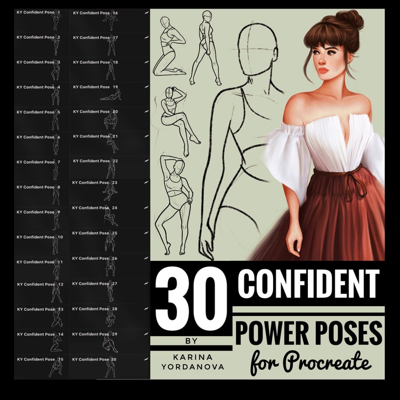 K&ouml;nnte beinhalten: 30 selbstbewusste Power-Posen f&uuml;r Procreate von Karina Yordanova. Eine digitale Illustration einer Frau in einem wei&szlig;en, schulterfreien Oberteil und einem burgunderfarbenen Rock. Das Bild enth&auml;lt au&szlig;erdem 30 verschiedene Posen zum Zeichnen.