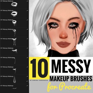 May include: A digital illustration of a woman with white hair and black eyeliner. The image is a promotional graphic for 10 messy makeup brushes for Procreate by Karina Yordanova.