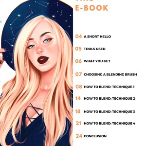 May include: Digital art e-book cover featuring a woman with long blonde hair, blue eyes, and dark lipstick. The cover includes the text "IN THIS E-BOOK" and a table of contents with topics like "Tools Used" and "How to Blend".