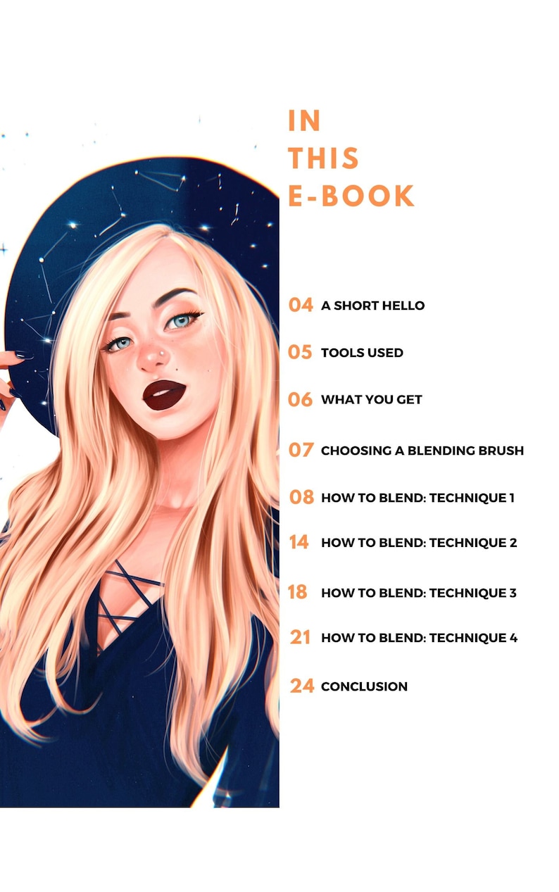 May include: Digital art e-book cover featuring a woman with long blonde hair, blue eyes, and dark lipstick. The cover includes the text "IN THIS E-BOOK" and a table of contents with topics like "Tools Used" and "How to Blend".