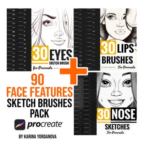 May include: A set of 90 Procreate sketch brushes for drawing facial features. The set includes 30 eye brushes, 30 lip brushes, and 30 nose brushes. The brushes are designed to help artists create realistic and expressive facial features.