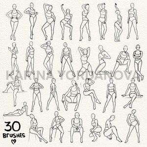 K&ouml;nnte beinhalten: Ein Set mit 30 Strichzeichnungen von weiblichen Figuren in verschiedenen Posen. Die Figuren sind in einem einfachen Stil mit minimalen Details gezeichnet. Die Illustrationen eignen sich perfekt f&uuml;r die Verwendung in digitaler Kunst, Modedesign oder als Inspiration zum Zeichnen.